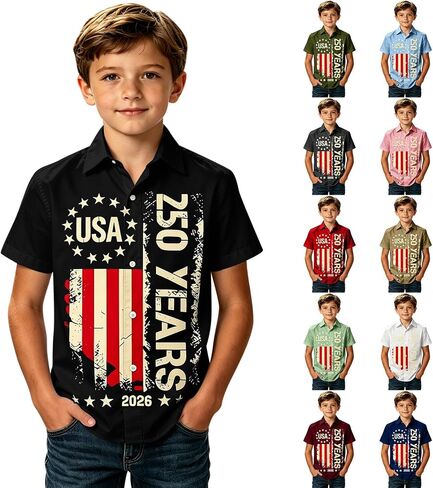 250th Anniversary USA Shirt for Kids Boys Button Down Short Sleeve 250 Years America Flag Patriotic 1776-2026 Shirt in Kuwait