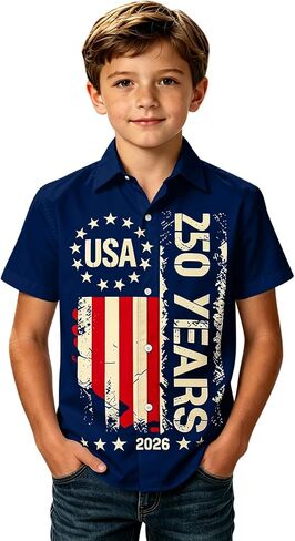 250th Anniversary USA Shirt for Kids Boys Button Down Short Sleeve 250 Years America Flag Patriotic 1776-2026 Shirt in Kuwait