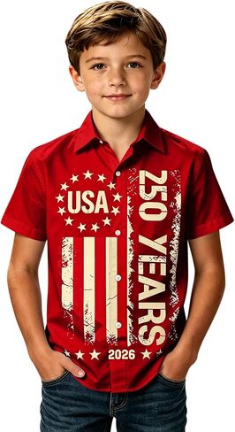 250th Anniversary USA Shirt for Kids Boys Button Down Short Sleeve 250 Years America Flag Patriotic 1776-2026 Shirt in Kuwait