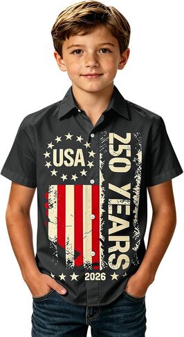 250th Anniversary USA Shirt for Kids Boys Button Down Short Sleeve 250 Years America Flag Patriotic 1776-2026 Shirt in Kuwait