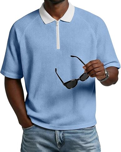 Men's Zipper Waffle Polo Shirts Casual Short Sleeve Golf T-Shirt Classic Fit Tops in Saudi Arabia