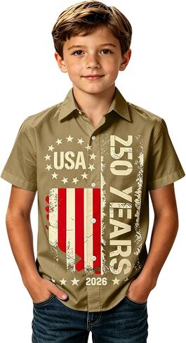 250th Anniversary USA Shirt for Kids Boys Button Down Short Sleeve 250 Years America Flag Patriotic 1776-2026 Shirt in Kuwait