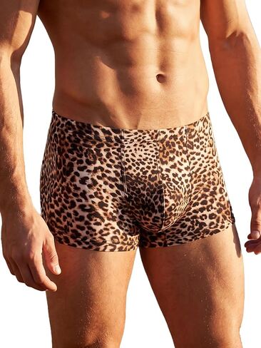 Mens Leopard Print Boxer Briefs Low Rise Trunks 3D Pouch Underwear Breathable Stretch Athletic Shorts in Kuwait