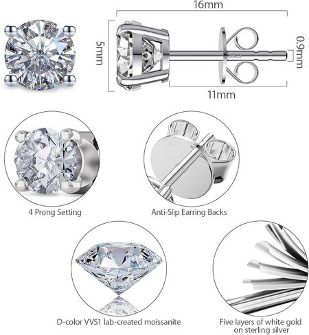 Moissanite Earrings, Substitute diamond Stud Earrings for Women 1-3 CT 18K White Gold Plated/S925 Sterling Silver Earring for Men, Lab Grown Hypoallergenic Jewelry in Saudi Arabia