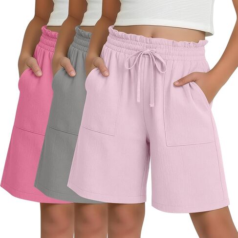 3 Pack Girls' Linen Bermuda Shorts Elastic Casual Ruffle Drawstring Shorts with Pockets Vacation Clothes 5-14 Years in Saudi Arabia