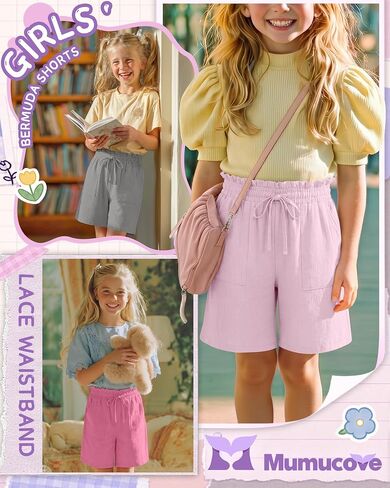 3 Pack Girls' Linen Bermuda Shorts Elastic Casual Ruffle Drawstring Shorts with Pockets Vacation Clothes 5-14 Years in Saudi Arabia