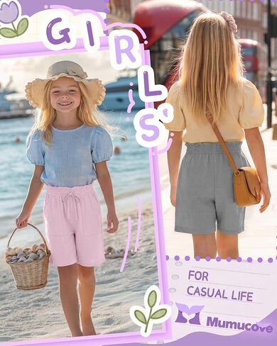 3 Pack Girls' Linen Bermuda Shorts Elastic Casual Ruffle Drawstring Shorts with Pockets Vacation Clothes 5-14 Years in Saudi Arabia