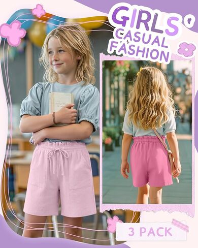3 Pack Girls' Linen Bermuda Shorts Elastic Casual Ruffle Drawstring Shorts with Pockets Vacation Clothes 5-14 Years in Saudi Arabia