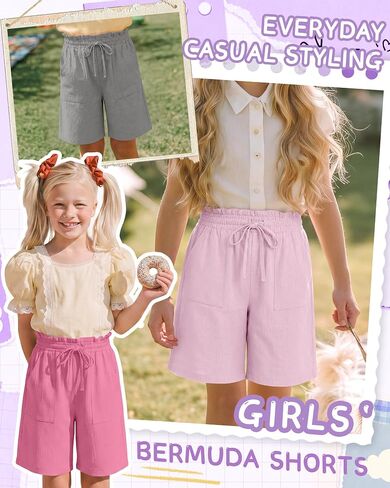 3 Pack Girls' Linen Bermuda Shorts Elastic Casual Ruffle Drawstring Shorts with Pockets Vacation Clothes 5-14 Years in Saudi Arabia