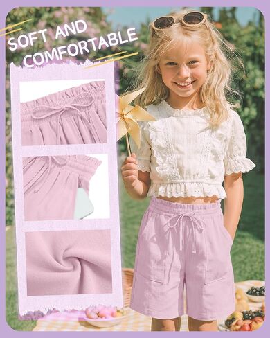 3 Pack Girls' Linen Bermuda Shorts Elastic Casual Ruffle Drawstring Shorts with Pockets Vacation Clothes 5-14 Years in Saudi Arabia