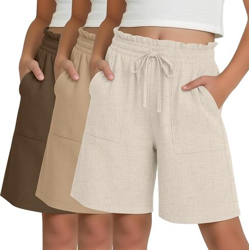 3 Pack Girls' Linen Bermuda Shorts Elastic Casual Ruffle Drawstring Shorts with Pockets Vacation Clothes 5-14 Years in Saudi Arabia