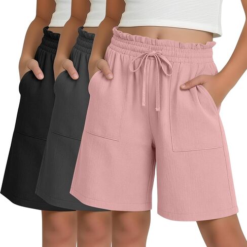 3 Pack Girls' Linen Bermuda Shorts Elastic Casual Ruffle Drawstring Shorts with Pockets Vacation Clothes 5-14 Years in Saudi Arabia