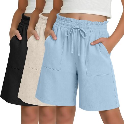 3 Pack Girls' Linen Bermuda Shorts Elastic Casual Ruffle Drawstring Shorts with Pockets Vacation Clothes 5-14 Years in Saudi Arabia