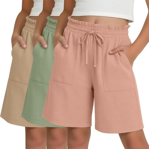 3 Pack Girls' Linen Bermuda Shorts Elastic Casual Ruffle Drawstring Shorts with Pockets Vacation Clothes 5-14 Years in Saudi Arabia