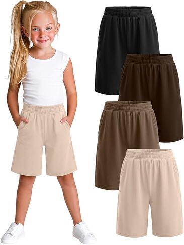 Xaatren 4 Pack Girls Bermuda Shorts Kids Wide Leg Knee Length SweatShorts Athletic Loose Summer Long Shorts with Pockets in Kuwait