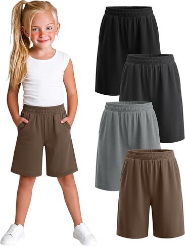 Xaatren 4 Pack Girls Bermuda Shorts Kids Wide Leg Knee Length SweatShorts Athletic Loose Summer Long Shorts with Pockets in Kuwait