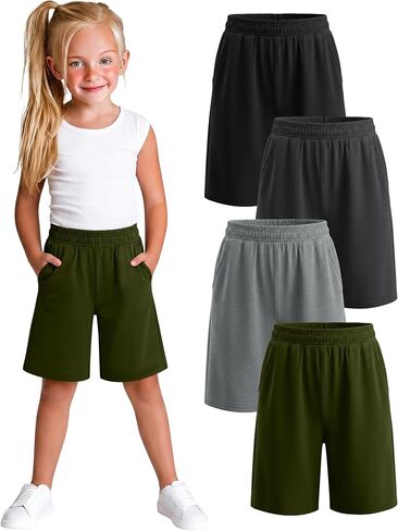 Xaatren 4 Pack Girls Bermuda Shorts Kids Wide Leg Knee Length SweatShorts Athletic Loose Summer Long Shorts with Pockets in Kuwait