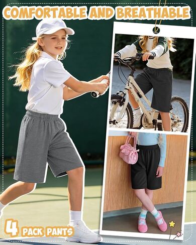 Xaatren 4 Pack Girls Bermuda Shorts Kids Wide Leg Knee Length SweatShorts Athletic Loose Summer Long Shorts with Pockets in Kuwait