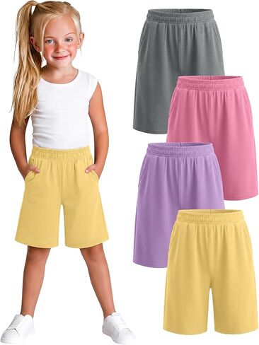 Xaatren 4 Pack Girls Bermuda Shorts Kids Wide Leg Knee Length SweatShorts Athletic Loose Summer Long Shorts with Pockets in Kuwait