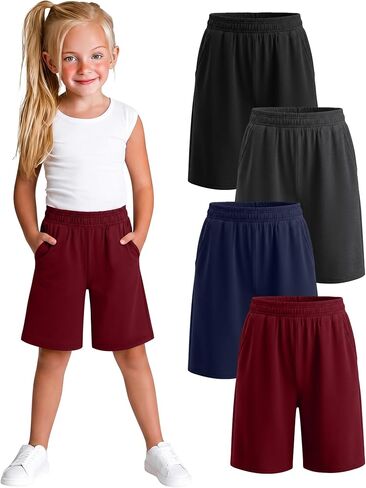 Xaatren 4 Pack Girls Bermuda Shorts Kids Wide Leg Knee Length SweatShorts Athletic Loose Summer Long Shorts with Pockets in Kuwait