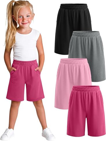 Xaatren 4 Pack Girls Bermuda Shorts Kids Wide Leg Knee Length SweatShorts Athletic Loose Summer Long Shorts with Pockets in Kuwait
