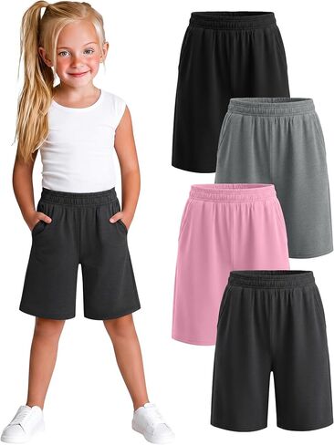 Xaatren 4 Pack Girls Bermuda Shorts Kids Wide Leg Knee Length SweatShorts Athletic Loose Summer Long Shorts with Pockets in Kuwait