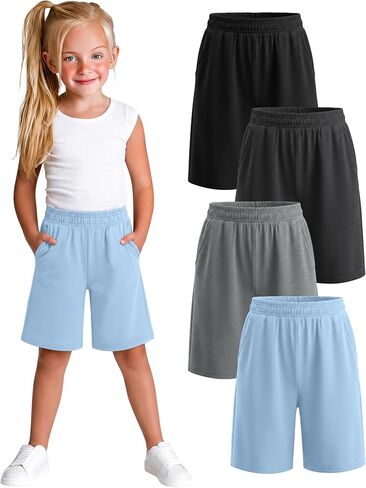 Xaatren 4 Pack Girls Bermuda Shorts Kids Wide Leg Knee Length SweatShorts Athletic Loose Summer Long Shorts with Pockets in Kuwait