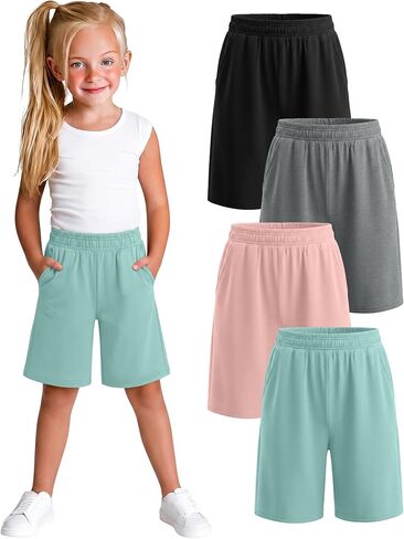 Xaatren 4 Pack Girls Bermuda Shorts Kids Wide Leg Knee Length SweatShorts Athletic Loose Summer Long Shorts with Pockets in Kuwait