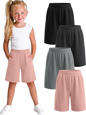 Xaatren 4 Pack Girls Bermuda Shorts Kids Wide Leg Knee Length SweatShorts Athletic Loose Summer Long Shorts with Pockets in Kuwait
