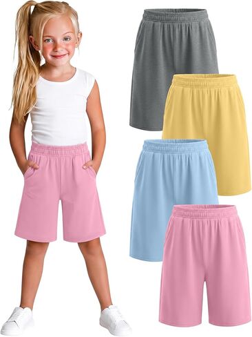 Xaatren 4 Pack Girls Bermuda Shorts Kids Wide Leg Knee Length SweatShorts Athletic Loose Summer Long Shorts with Pockets in Kuwait