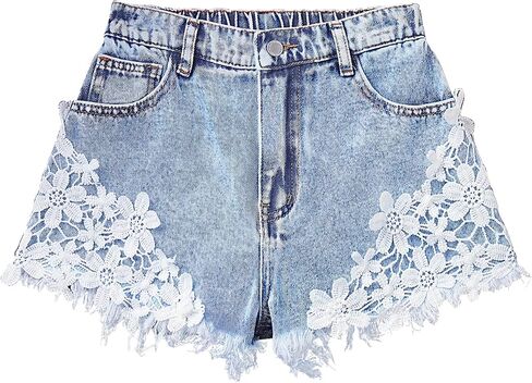 Girls Jean Shorts High Waisted Lace Trim A Line Denim Shorts Cute Wide Leg Floral Applique Raw Hem Jorts 7-14Y in Saudi Arabia