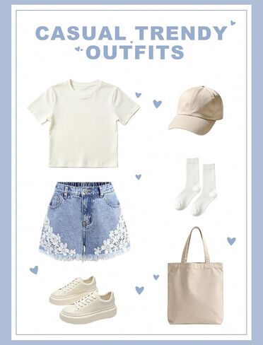 Girls Jean Shorts High Waisted Lace Trim A Line Denim Shorts Cute Wide Leg Floral Applique Raw Hem Jorts 7-14Y in Saudi Arabia