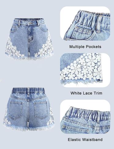 Girls Jean Shorts High Waisted Lace Trim A Line Denim Shorts Cute Wide Leg Floral Applique Raw Hem Jorts 7-14Y in Saudi Arabia