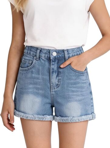 PATPAT Girls Jean Shorts 5-14Y, Cute Mid Waist Straight Leg Denim Shorts with Elastic Waistband & Frayed Cuffed Hem in Kuwait