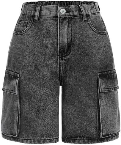 Nivne Tco Tween Girls' Cargo Denim Shorts Casual High Waist Button & Zipper Fly Vintage Washed Black Wide Leg Jean Shorts in Saudi Arabia