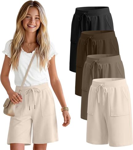 4 Pack Girls Bermuda Shorts Teen Athletic Knee Length Straight Leg Long Shorts 5-14 Years with Drawstring Pockets in Kuwait