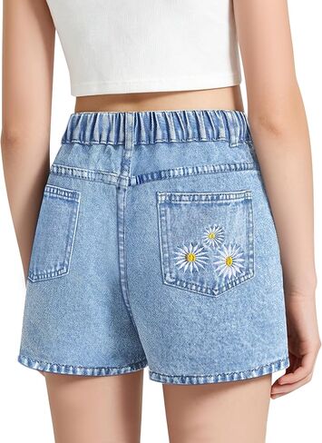 Jean Shorts for Girls Y2k Baggy High Elastic Waisted Cute Bow Embroidery Summer Teens Denim Shorts 13-16Y in Saudi Arabia