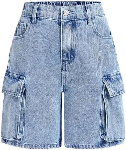 Nivne Tco Tween Girls Cargo Denim Shorts with Side Pockets High Elastic Waist & Zipper Fly Casual Wide Leg Jean Shorts in Saudi Arabia