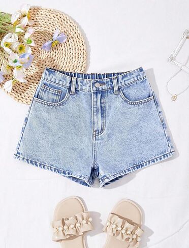 Jean Shorts for Girls Y2k Baggy High Elastic Waisted Cute Bow Embroidery Summer Teens Denim Shorts 13-16Y in Saudi Arabia