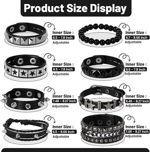 8 PCS Punk Rock Studded Leather Bracelets, Adjustable 80s Rock Concert Outfits for Men Women, Goth Accessories for Daily Rock Style in Saudi Arabia