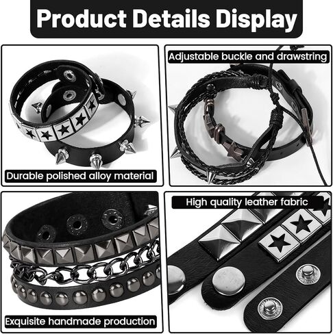 8 PCS Punk Rock Studded Leather Bracelets, Adjustable 80s Rock Concert Outfits for Men Women, Goth Accessories for Daily Rock Style in Saudi Arabia