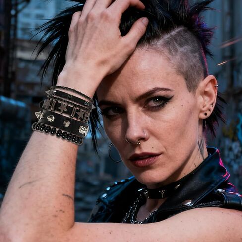 8 PCS Punk Rock Studded Leather Bracelets, Adjustable 80s Rock Concert Outfits for Men Women, Goth Accessories for Daily Rock Style in Saudi Arabia