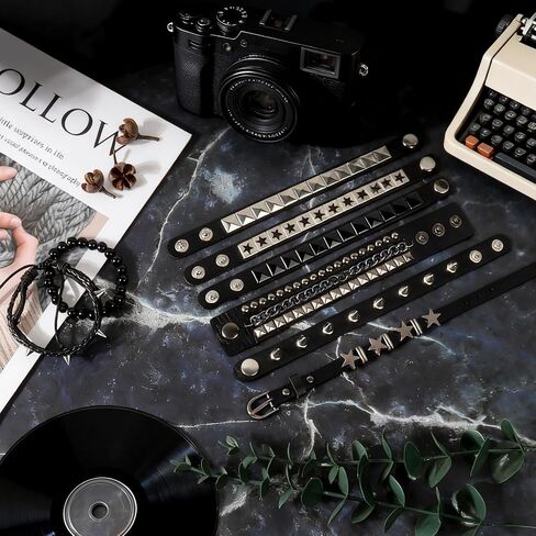8 PCS Punk Rock Studded Leather Bracelets, Adjustable 80s Rock Concert Outfits for Men Women, Goth Accessories for Daily Rock Style in Saudi Arabia