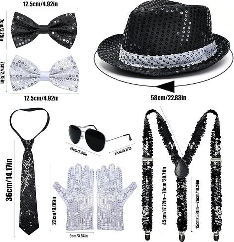 MORTICIA 7 Pcs Men's Halloween 70s 80s Disco Performance Costume Sparkly Sequin Dance Star Set with Gloves, Fedora, Sunglasses, Tie, and Sequin Strap, Perfect for Cosplay and Theme Parties in Saudi Arabia