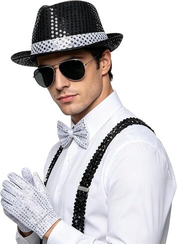 MORTICIA 7 Pcs Men's Halloween 70s 80s Disco Performance Costume Sparkly Sequin Dance Star Set with Gloves, Fedora, Sunglasses, Tie, and Sequin Strap, Perfect for Cosplay and Theme Parties in Saudi Arabia
