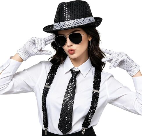 MORTICIA 7 Pcs Men's Halloween 70s 80s Disco Performance Costume Sparkly Sequin Dance Star Set with Gloves, Fedora, Sunglasses, Tie, and Sequin Strap, Perfect for Cosplay and Theme Parties in Saudi Arabia