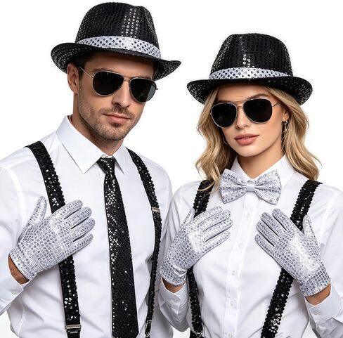 MORTICIA 7 Pcs Men's Halloween 70s 80s Disco Performance Costume Sparkly Sequin Dance Star Set with Gloves, Fedora, Sunglasses, Tie, and Sequin Strap, Perfect for Cosplay and Theme Parties in Saudi Arabia