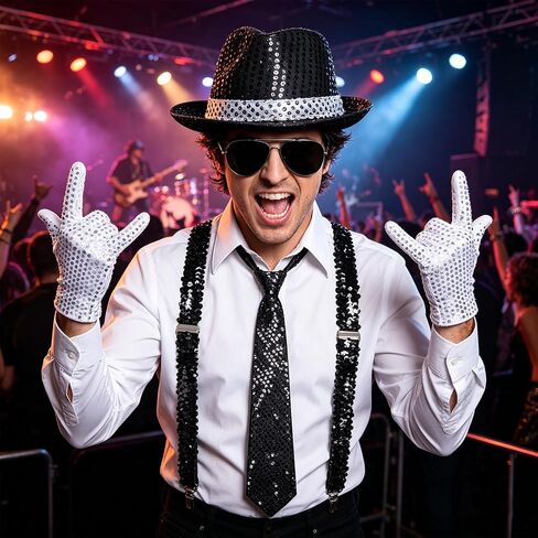 MORTICIA 7 Pcs Men's Halloween 70s 80s Disco Performance Costume Sparkly Sequin Dance Star Set with Gloves, Fedora, Sunglasses, Tie, and Sequin Strap, Perfect for Cosplay and Theme Parties in Saudi Arabia