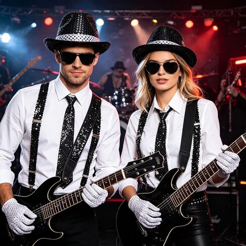 MORTICIA 7 Pcs Men's Halloween 70s 80s Disco Performance Costume Sparkly Sequin Dance Star Set with Gloves, Fedora, Sunglasses, Tie, and Sequin Strap, Perfect for Cosplay and Theme Parties in Saudi Arabia