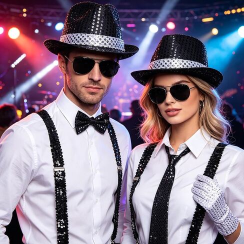 MORTICIA 7 Pcs Men's Halloween 70s 80s Disco Performance Costume Sparkly Sequin Dance Star Set with Gloves, Fedora, Sunglasses, Tie, and Sequin Strap, Perfect for Cosplay and Theme Parties in Saudi Arabia
